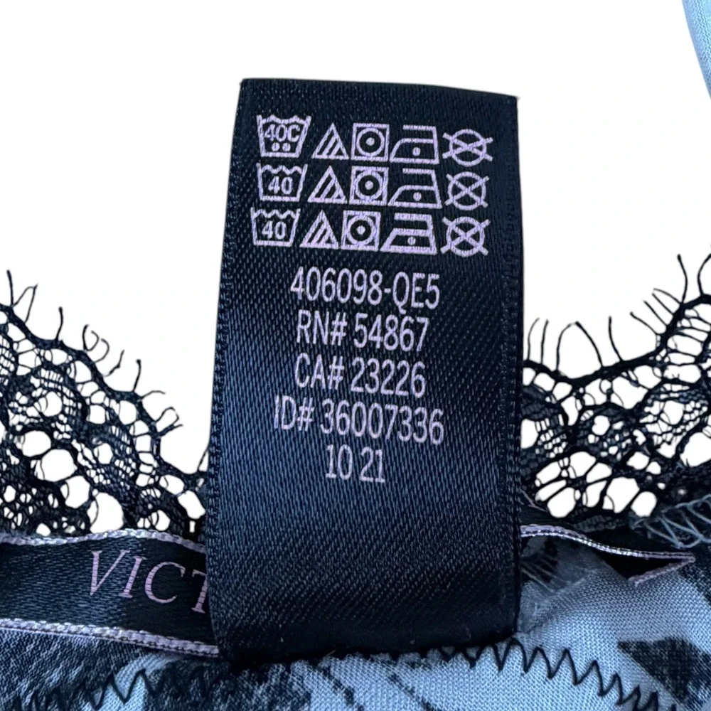 Victorias Secret Black White Floral Lace Trim Satin Slip Dress Nightgown Medium
